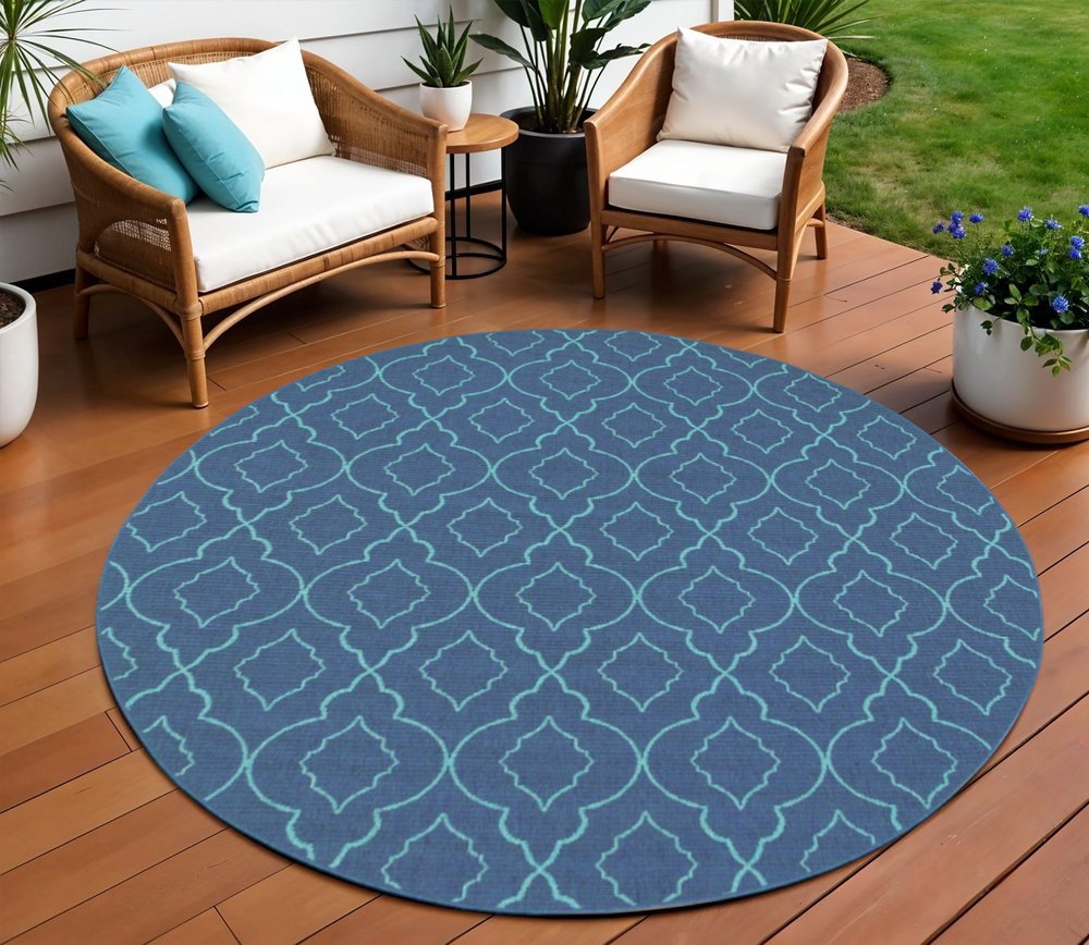 8' X 8' Blue Round Geometric Stain Resistant Indoor Outdoor Area Rug