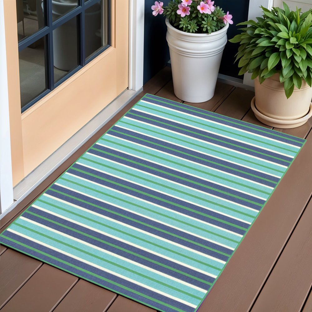 2' X 3' Blue and Green Geometric Stain Resistant Indoor Outdoor Area Rug