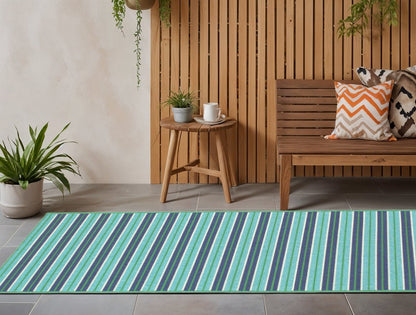 2' X 8' Blue and Green Geometric Stain Resistant Indoor Outdoor Area Rug