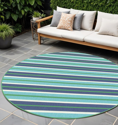 8' X 8' Blue and Green Round Geometric Stain Resistant Indoor Outdoor Area Rug