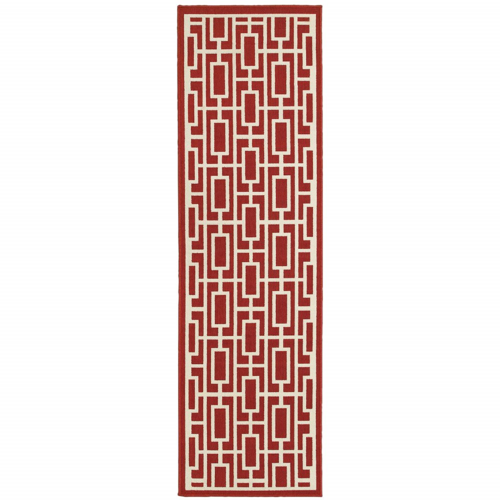 2' X 8' Red and Ivory Geometric Stain Resistant Indoor Outdoor Area Rug