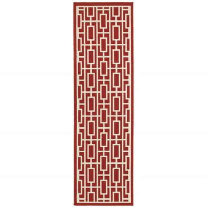2' X 8' Red and Ivory Geometric Stain Resistant Indoor Outdoor Area Rug