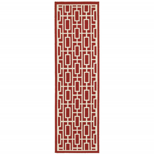 2' X 8' Red and Ivory Geometric Stain Resistant Indoor Outdoor Area Rug