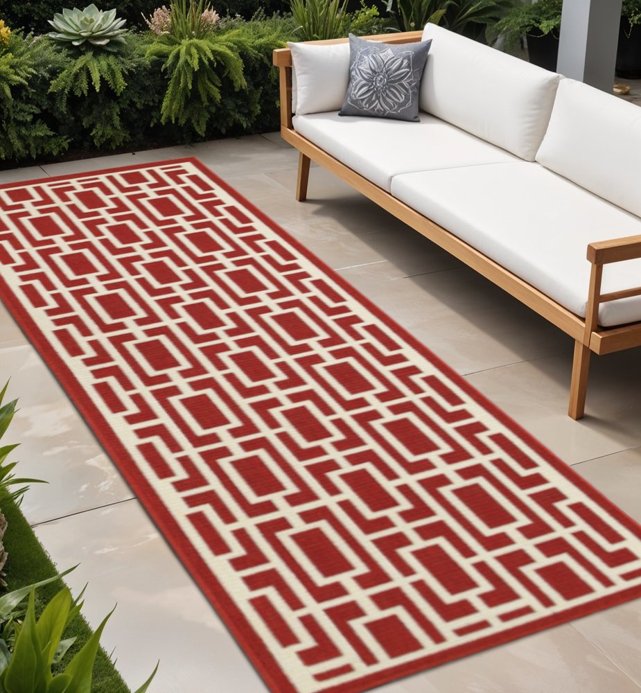 2' X 8' Red and Ivory Geometric Stain Resistant Indoor Outdoor Area Rug
