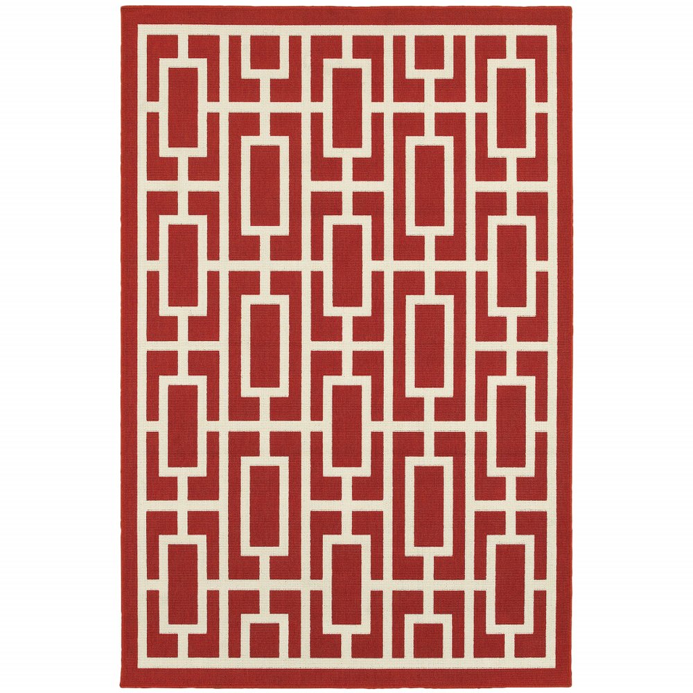 5' X 8' Red and Ivory Geometric Stain Resistant Indoor Outdoor Area Rug