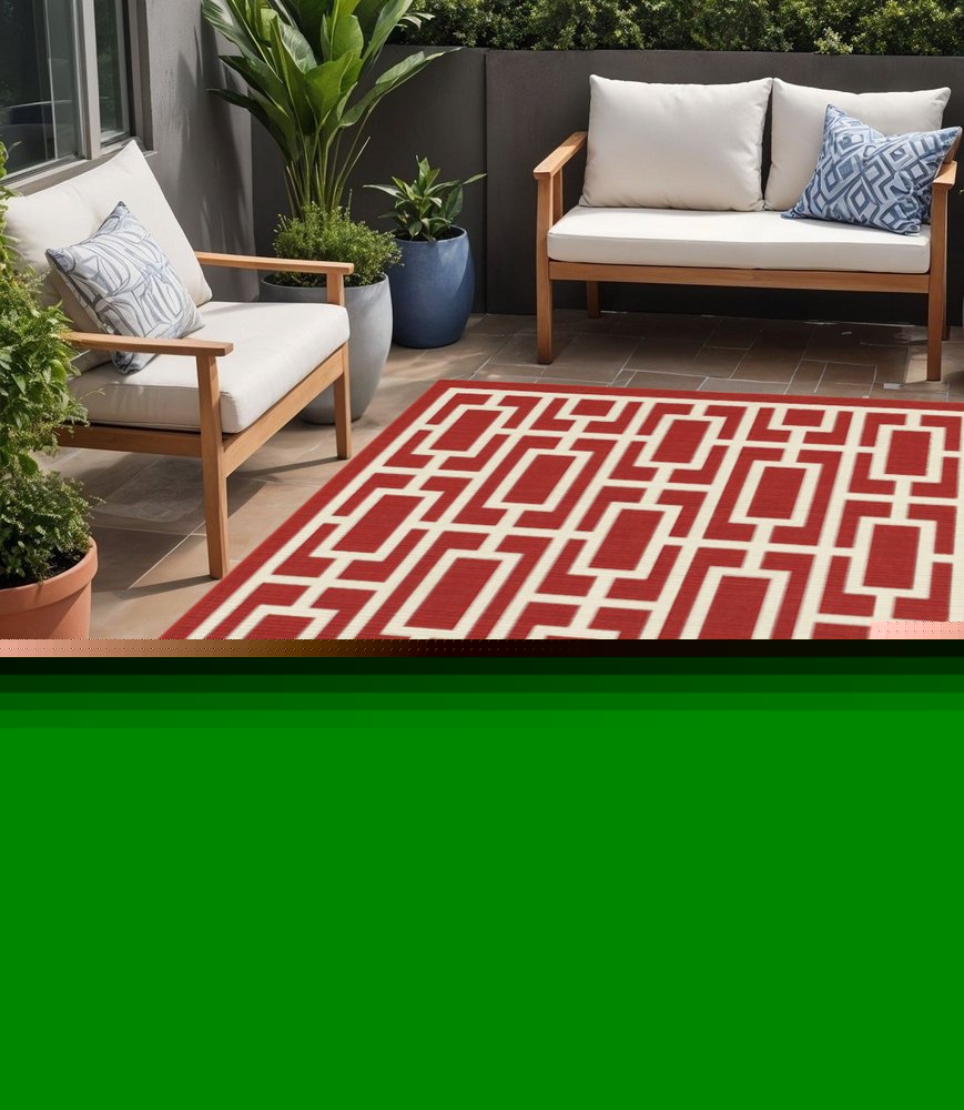 5' X 8' Red and Ivory Geometric Stain Resistant Indoor Outdoor Area Rug