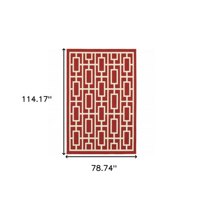 7' X 10' Red and Ivory Geometric Stain Resistant Indoor Outdoor Area Rug