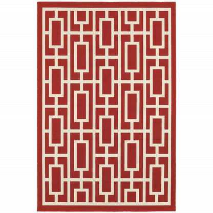 8' X 11' Red and Ivory Geometric Stain Resistant Indoor Outdoor Area Rug