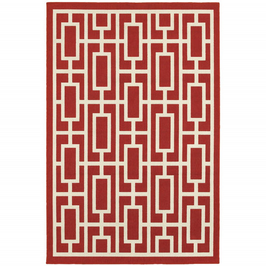 8' X 11' Red and Ivory Geometric Stain Resistant Indoor Outdoor Area Rug