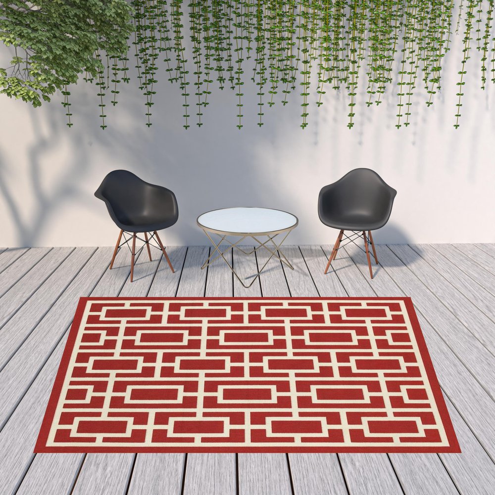 8' X 11' Red and Ivory Geometric Stain Resistant Indoor Outdoor Area Rug