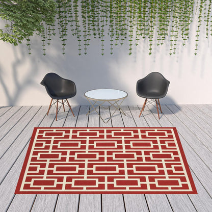 8' X 11' Red and Ivory Geometric Stain Resistant Indoor Outdoor Area Rug