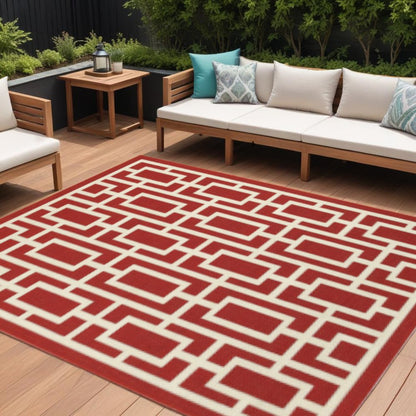 8' X 11' Red and Ivory Geometric Stain Resistant Indoor Outdoor Area Rug