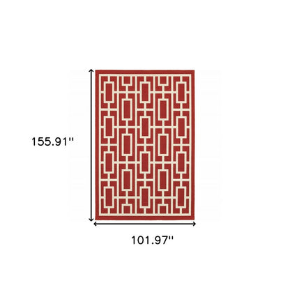 9' X 13' Red and Ivory Geometric Stain Resistant Indoor Outdoor Area Rug