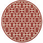 8' X 8' Red and Ivory Round Geometric Stain Resistant Indoor Outdoor Area Rug