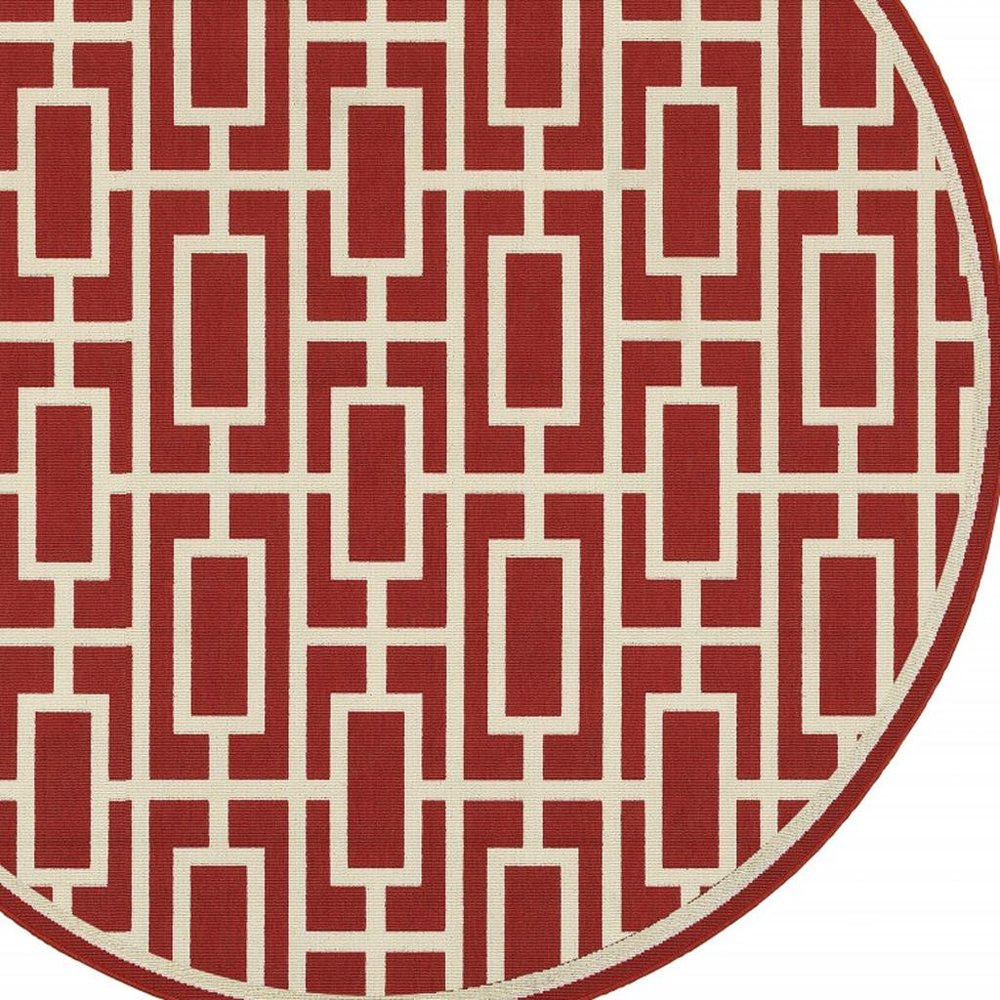 8' X 8' Red and Ivory Round Geometric Stain Resistant Indoor Outdoor Area Rug