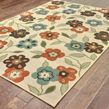 7' X 10' Brown and Ivory Floral Stain Resistant Indoor Outdoor Area Rug