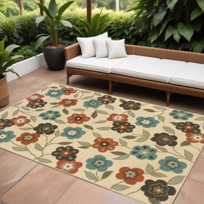 7' X 10' Brown and Ivory Floral Stain Resistant Indoor Outdoor Area Rug