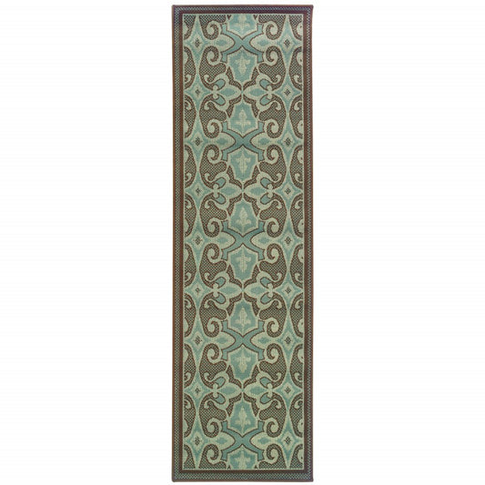 2' X 8' Blue Oriental Stain Resistant Indoor Outdoor Area Rug