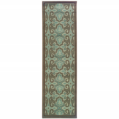2' X 8' Blue Oriental Stain Resistant Indoor Outdoor Area Rug