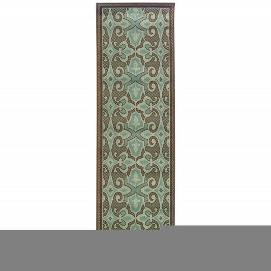2' X 8' Blue Oriental Stain Resistant Indoor Outdoor Area Rug