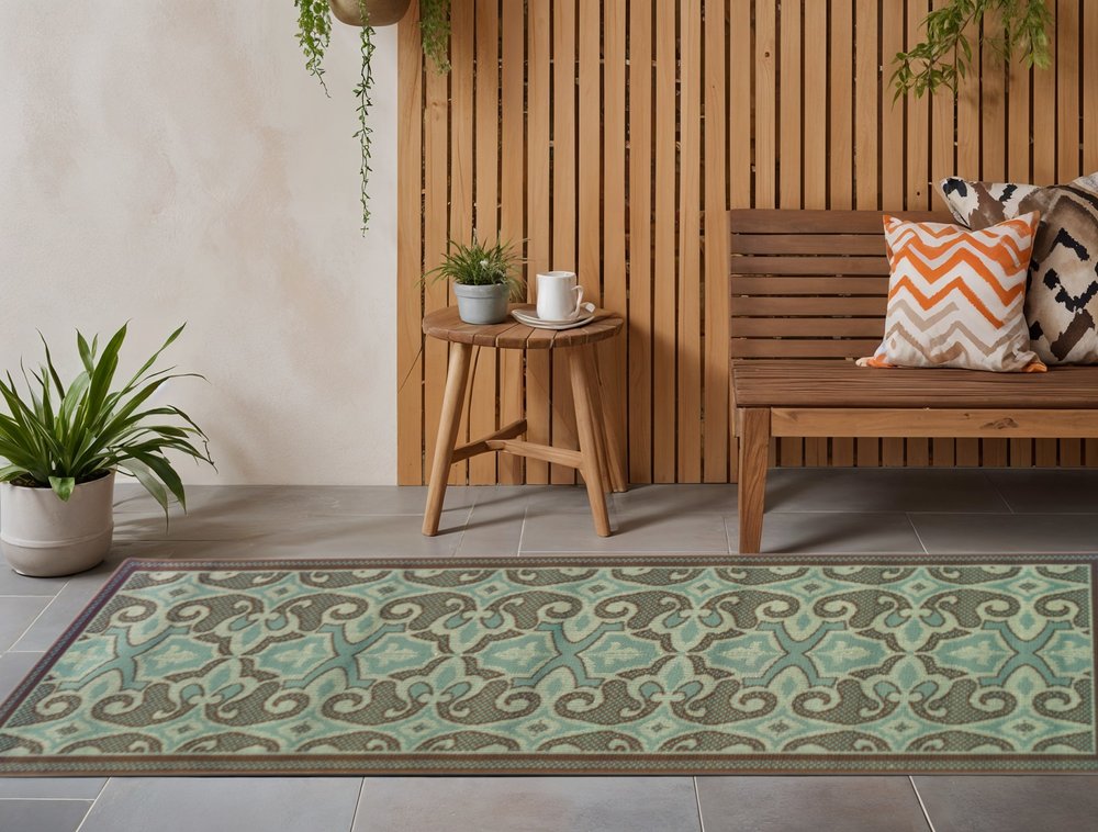 2' X 8' Blue Oriental Stain Resistant Indoor Outdoor Area Rug
