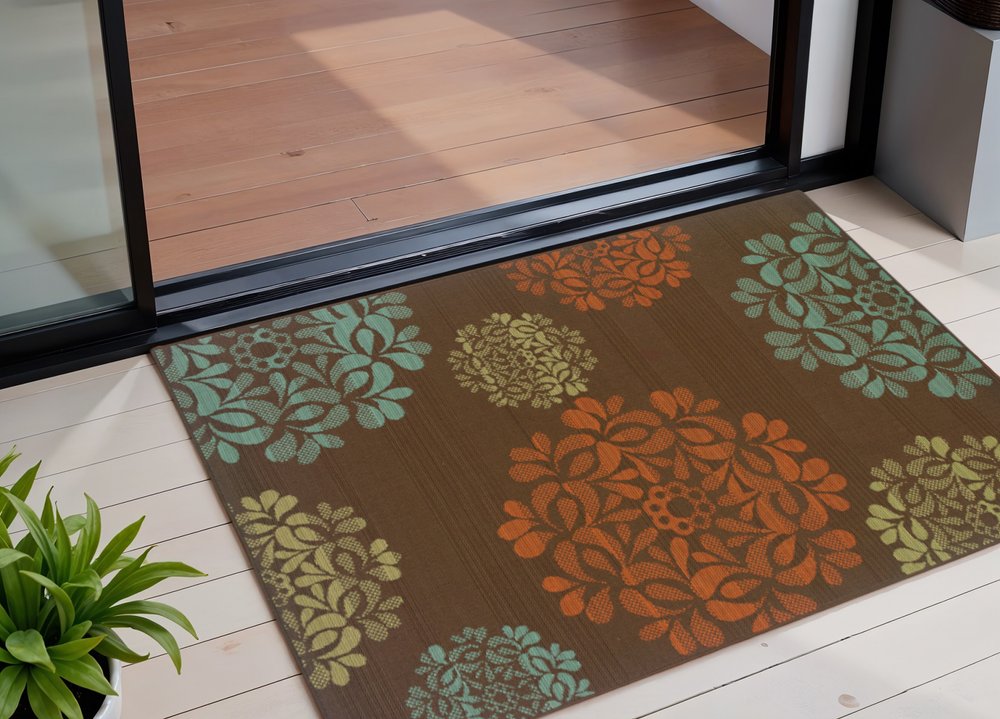 2' X 4' Brown Floral Stain Resistant Indoor Outdoor Area Rug