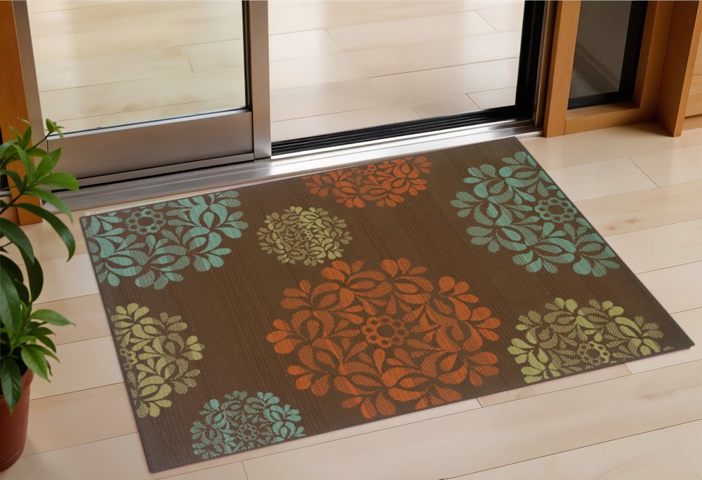 2' X 4' Brown Floral Stain Resistant Indoor Outdoor Area Rug