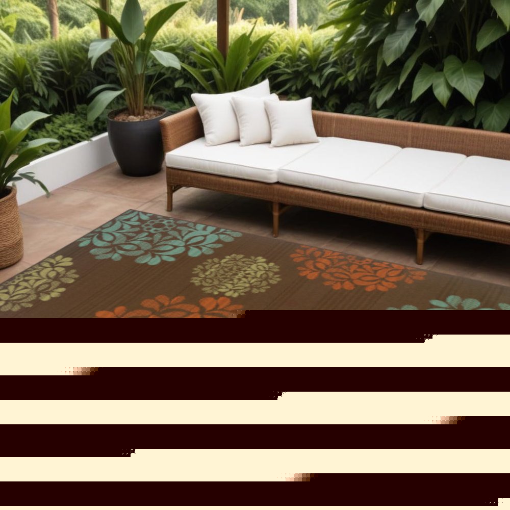7' X 10' Brown Floral Stain Resistant Indoor Outdoor Area Rug