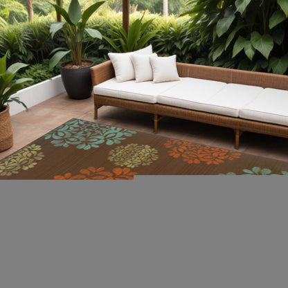 7' X 10' Brown Floral Stain Resistant Indoor Outdoor Area Rug