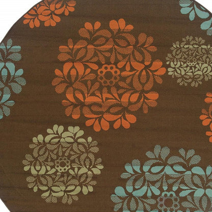 8' X 8' Brown Round Floral Stain Resistant Indoor Outdoor Area Rug