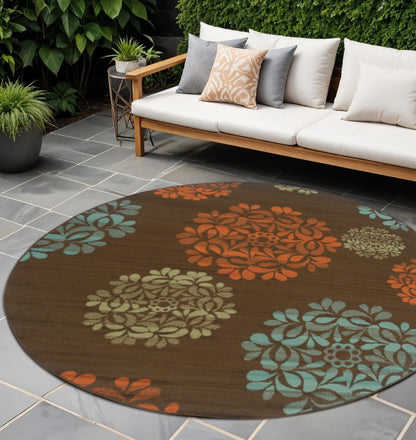 8' X 8' Brown Round Floral Stain Resistant Indoor Outdoor Area Rug