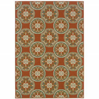 7' X 10' Brown and Ivory Floral Stain Resistant Indoor Outdoor Area Rug