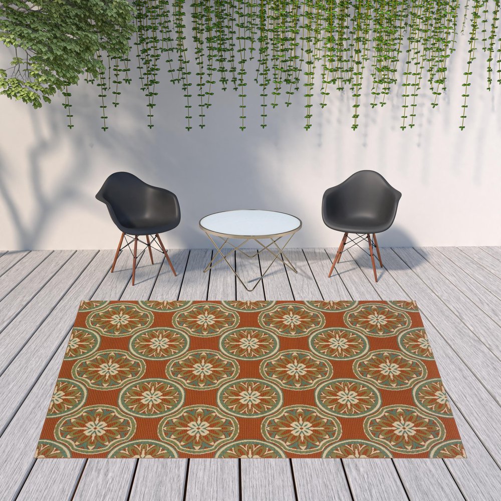 8' X 11' Brown and Ivory Floral Stain Resistant Indoor Outdoor Area Rug