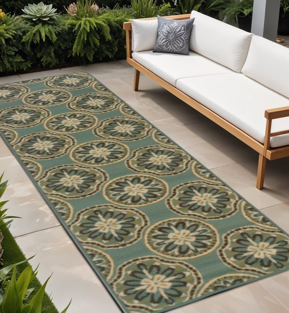 2' X 8' Blue and Ivory Floral Stain Resistant Indoor Outdoor Area Rug