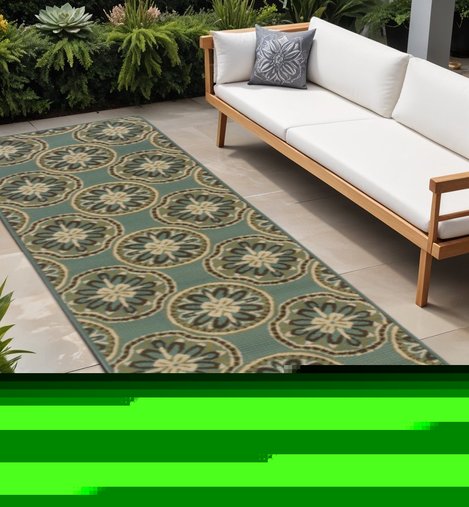 2' X 8' Blue and Ivory Floral Stain Resistant Indoor Outdoor Area Rug