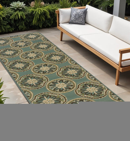 2' X 8' Blue and Ivory Floral Stain Resistant Indoor Outdoor Area Rug