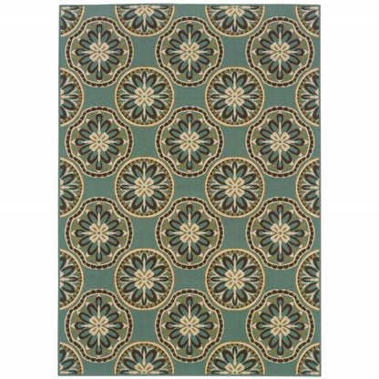 5' X 8' Blue and Ivory Floral Stain Resistant Indoor Outdoor Area Rug