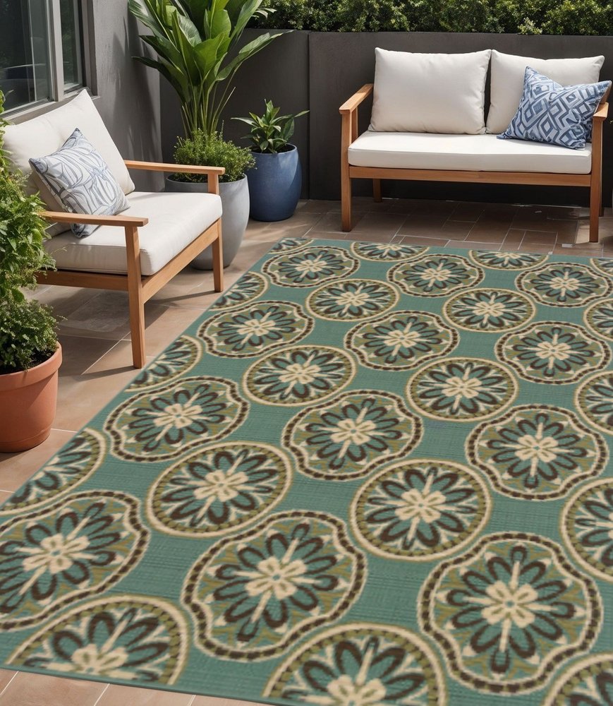 5' X 8' Blue and Ivory Floral Stain Resistant Indoor Outdoor Area Rug
