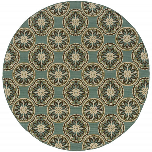 8' X 8' Blue and Ivory Round Floral Stain Resistant Indoor Outdoor Area Rug
