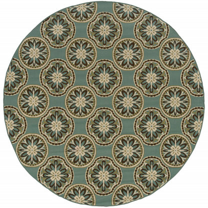 8' X 8' Blue and Ivory Round Floral Stain Resistant Indoor Outdoor Area Rug