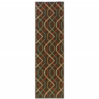 2' X 8' Brown and Ivory Geometric Stain Resistant Indoor Outdoor Area Rug