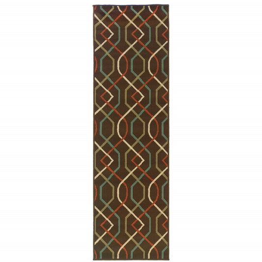 2' X 8' Brown and Ivory Geometric Stain Resistant Indoor Outdoor Area Rug