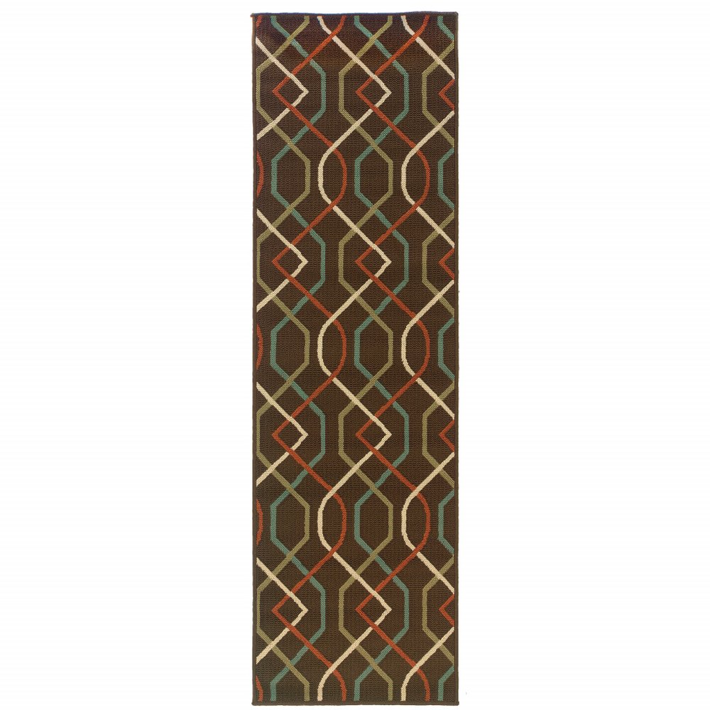 2' X 8' Brown and Ivory Geometric Stain Resistant Indoor Outdoor Area Rug
