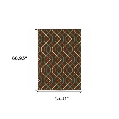 4' X 6' Brown and Ivory Geometric Stain Resistant Indoor Outdoor Area Rug