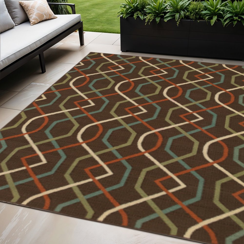5' X 8' Brown and Ivory Geometric Stain Resistant Indoor Outdoor Area Rug