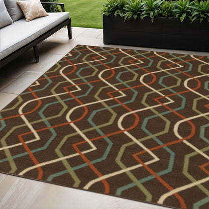 5' X 8' Brown and Ivory Geometric Stain Resistant Indoor Outdoor Area Rug