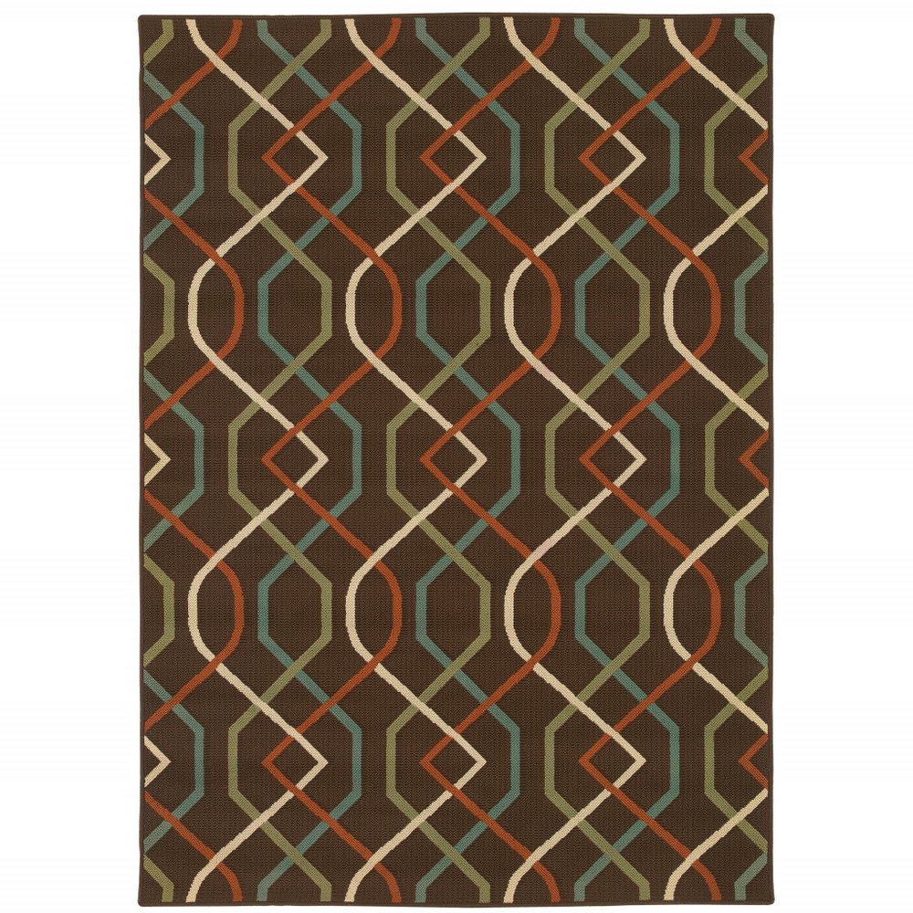 7' X 10' Brown and Ivory Geometric Stain Resistant Indoor Outdoor Area Rug