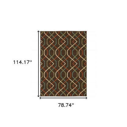 7' X 10' Brown and Ivory Geometric Stain Resistant Indoor Outdoor Area Rug