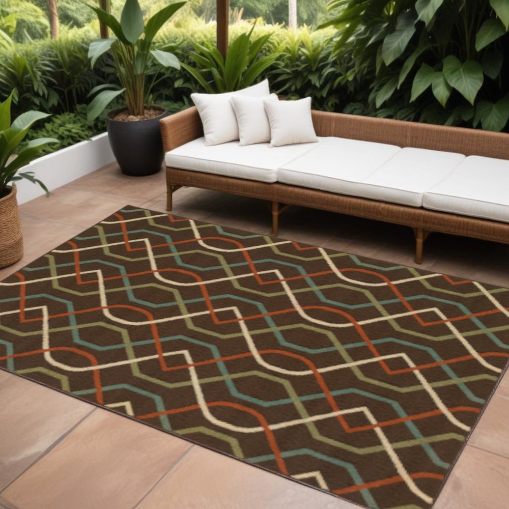 7' X 10' Brown and Ivory Geometric Stain Resistant Indoor Outdoor Area Rug