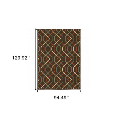 8' X 11' Brown and Ivory Geometric Stain Resistant Indoor Outdoor Area Rug